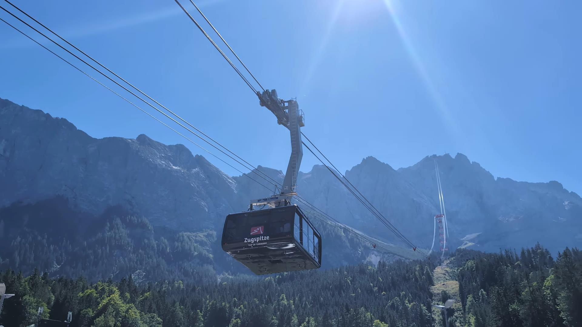 Zugspitze cable car ascending through the Bavarian Alps, offering stunning mountain views on the way to Germany’s highest peak.