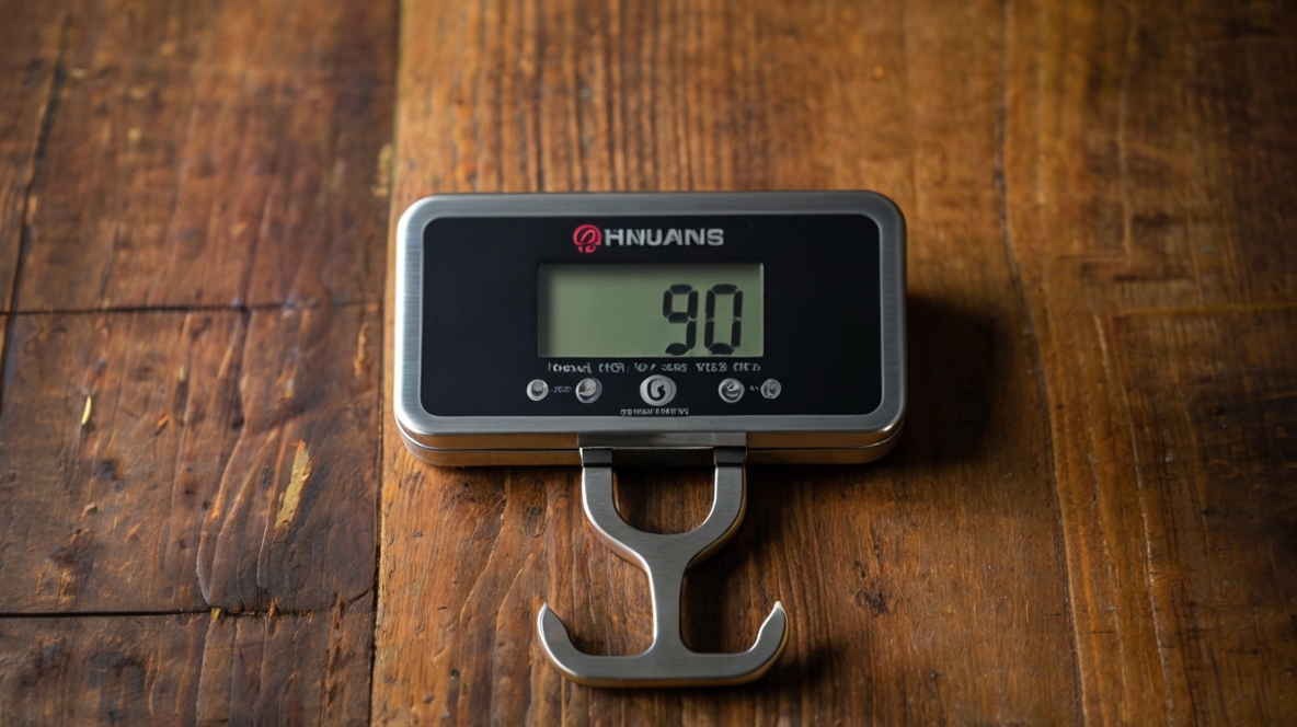 A portable digital luggage weight scale being used to weigh a suitcase, ensuring it's under airline weight limits.