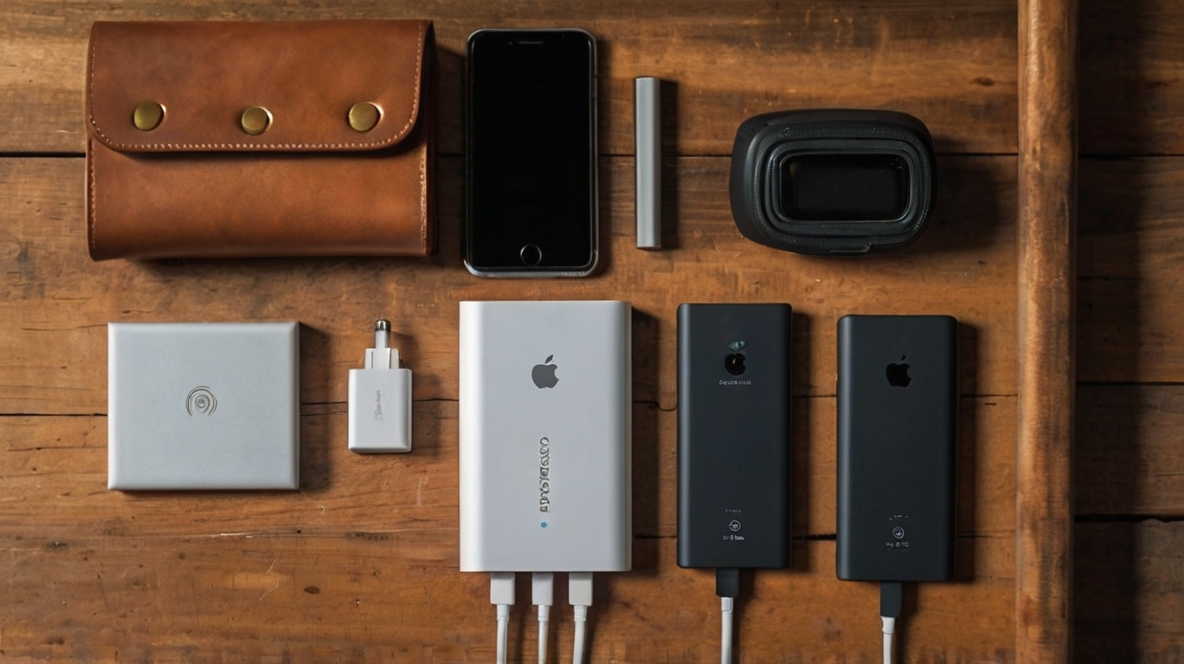 A compact power bank with USB ports, resting next to a smartphone and headphones, perfect for keeping devices charged while traveling.