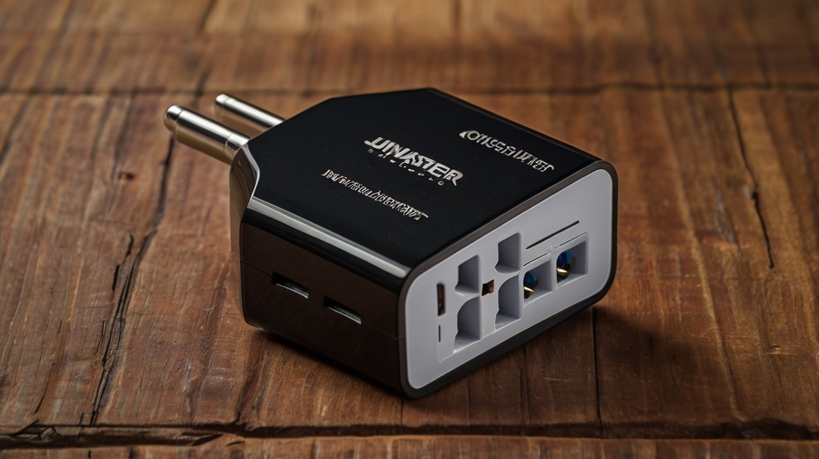 A universal travel adapter with multiple plug types, ideal for international travel, resting on a suitcase next to other travel essentials.